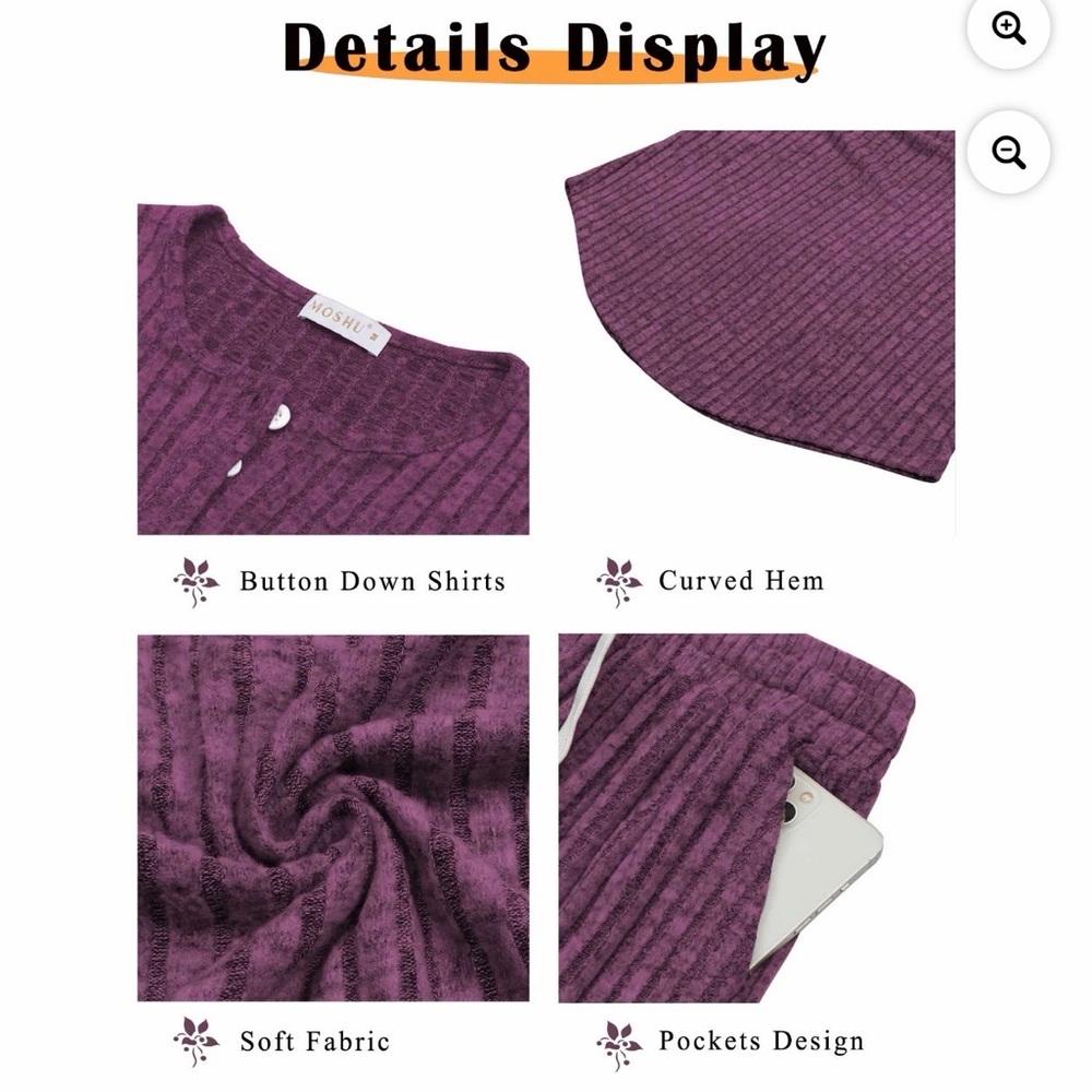 Ribbed Henley Lounge Pajama Set - Plum - Picture 5 of 7